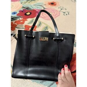 Kate Spade Black Leather Handbag Tote Cream Interior Pockets Shoulder‎ Strap EUC